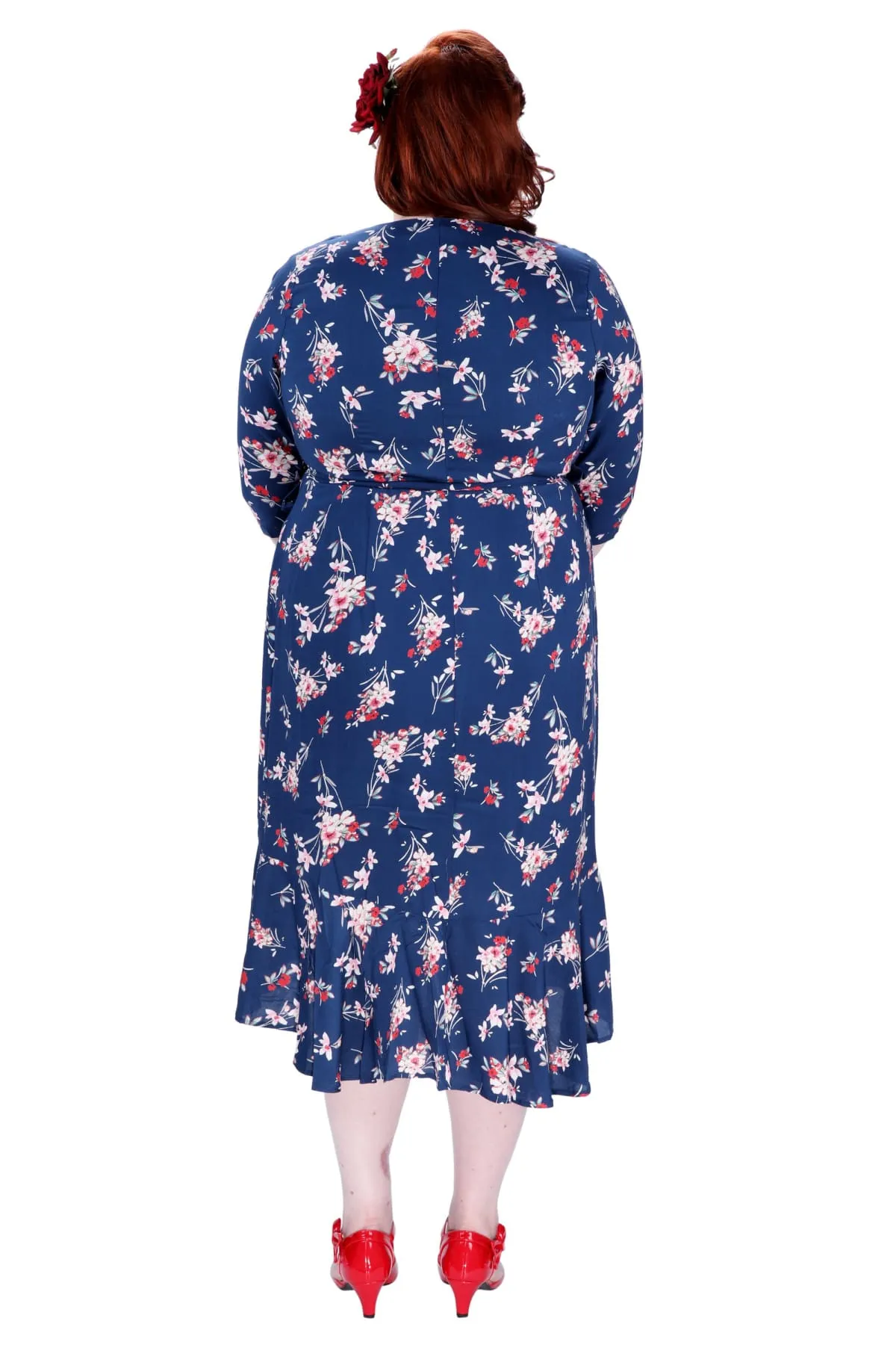 Whimsical Navy Pink Bouquet Ruffle Wrap Dress