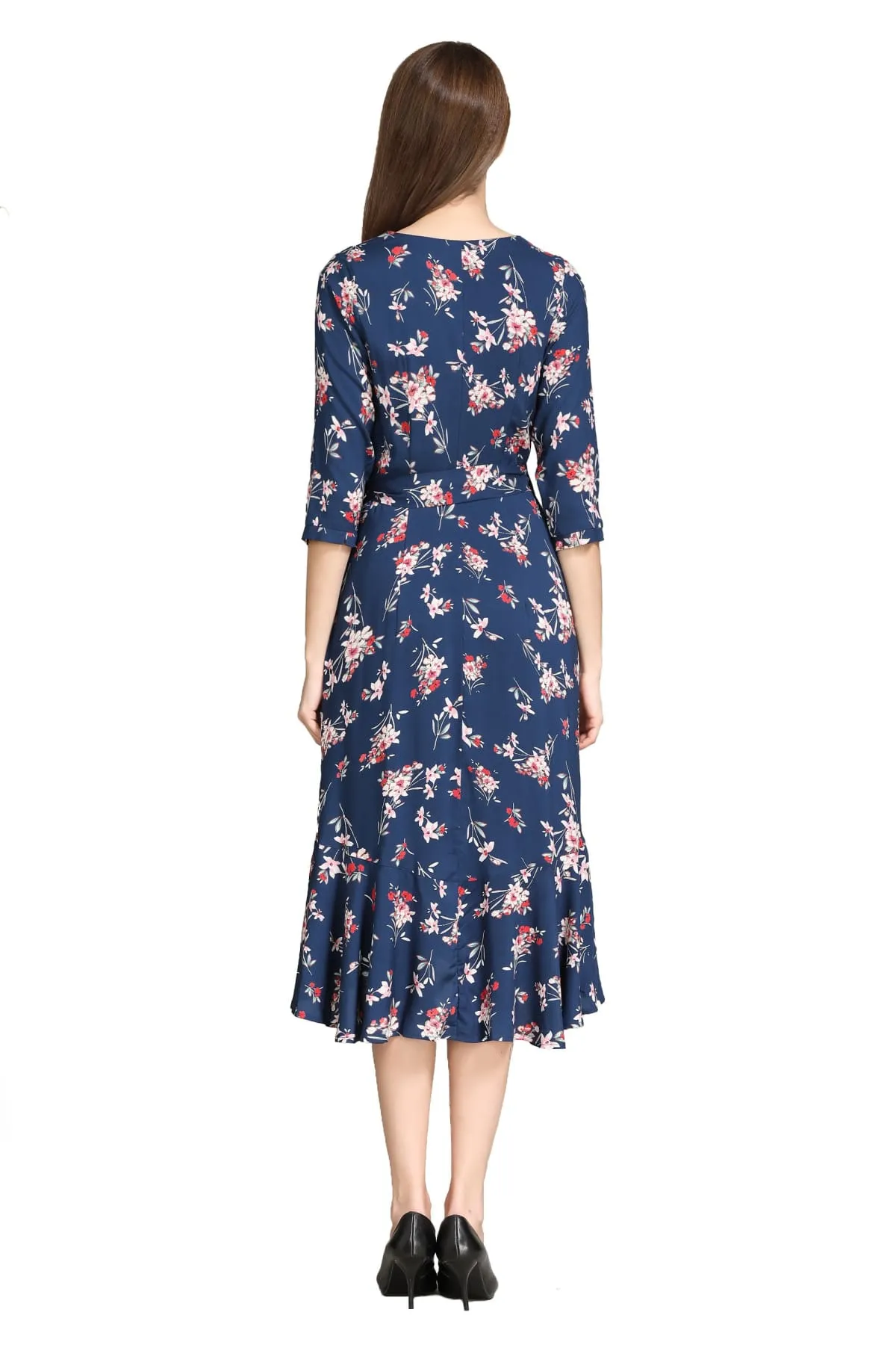 Whimsical Navy Pink Bouquet Ruffle Wrap Dress