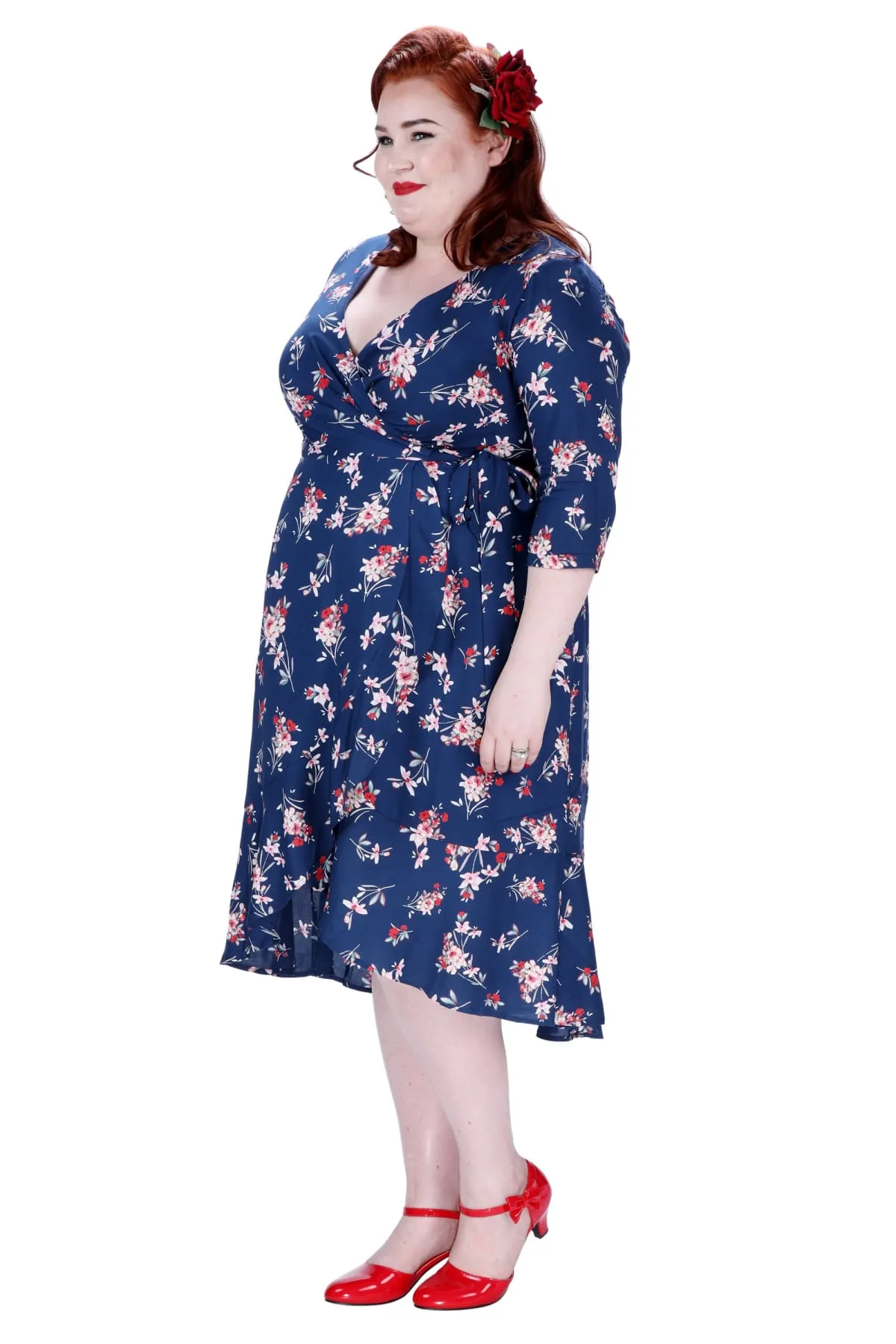 Whimsical Navy Pink Bouquet Ruffle Wrap Dress