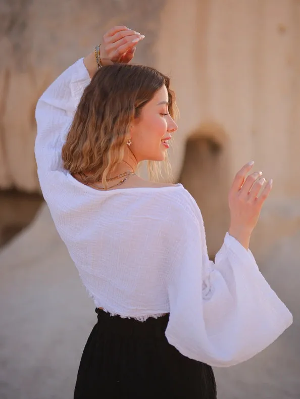 White Muslin Off Shoulder Crop Top Blouse