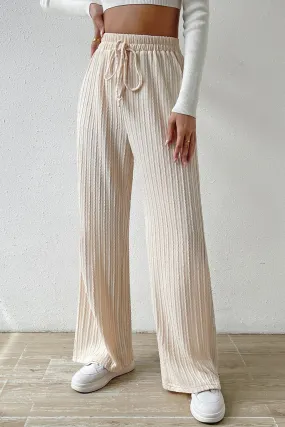 White Rib Knit Drawstring Elastic Waist Wide Leg Pants