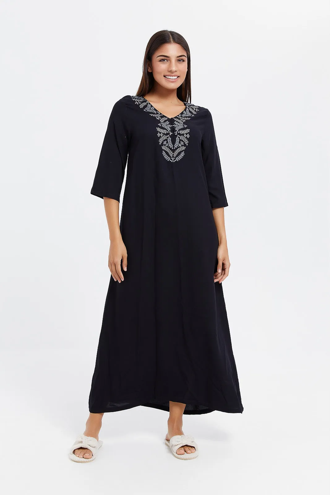 Women Black Embroidery Nightgown