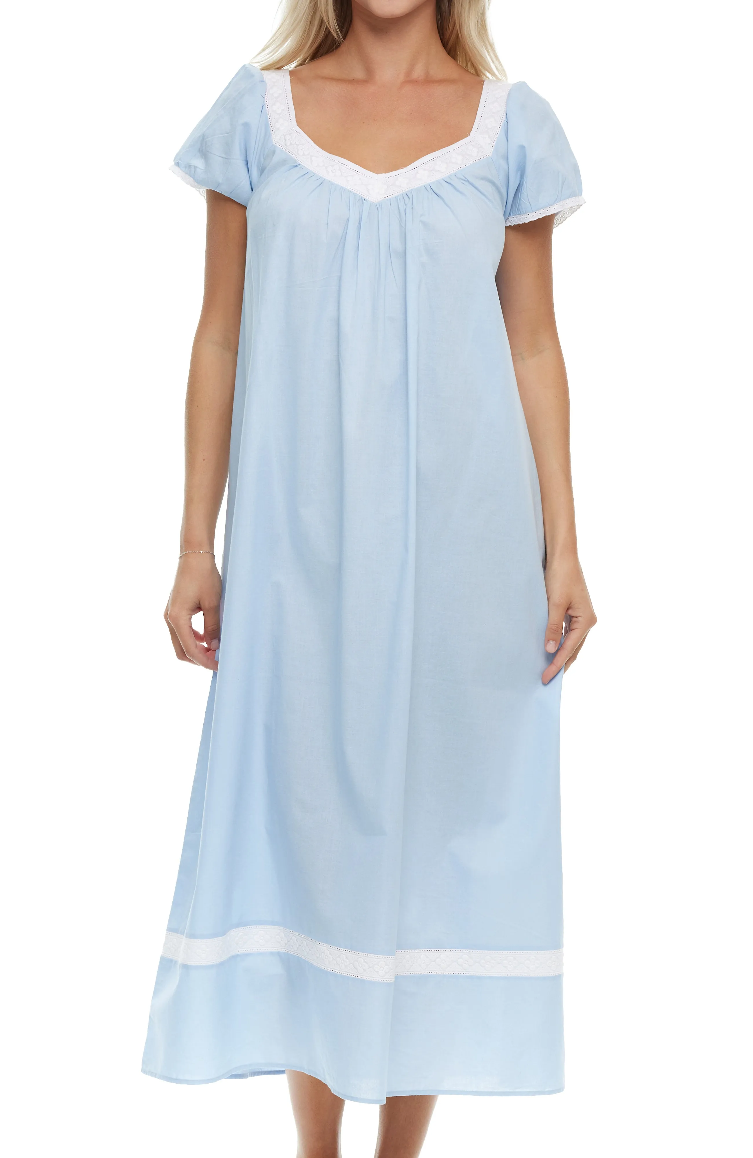 Women's Cotton Victorian Nightgown, Camila Ruffled Short Sleeve Lace Trimmed Long Night Dress