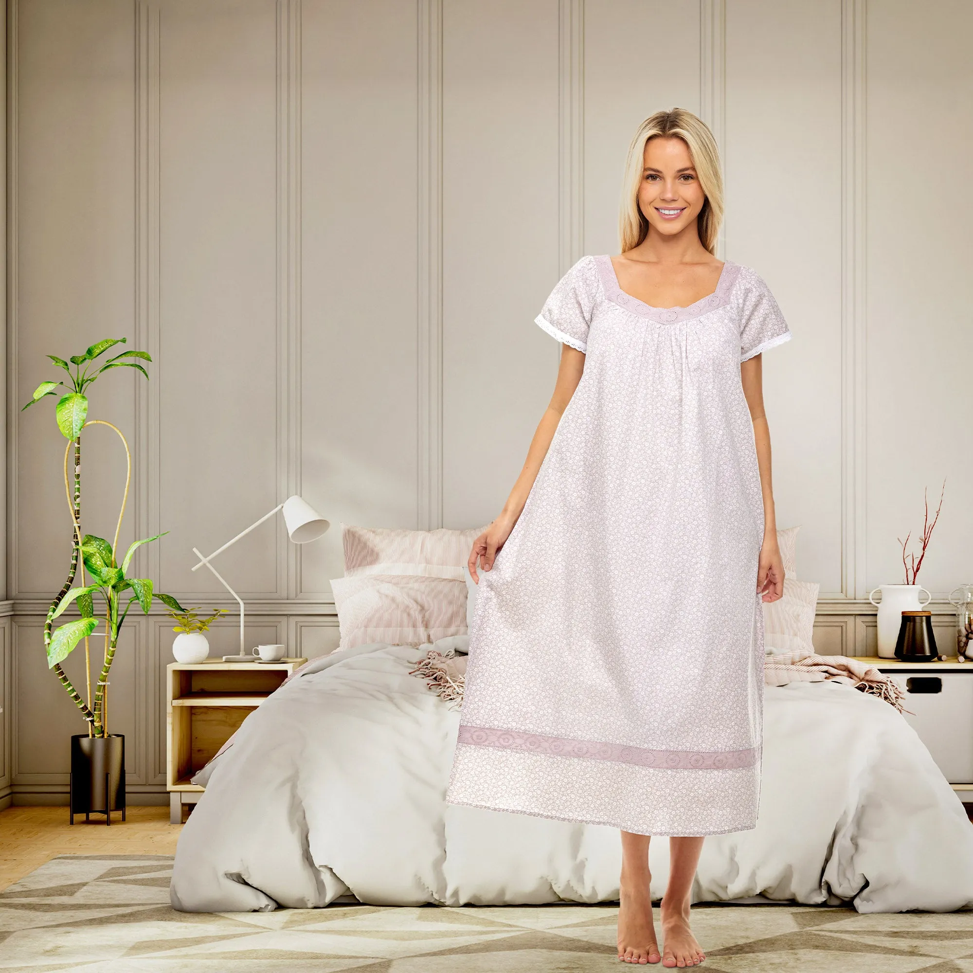 Women's Cotton Victorian Nightgown, Camila Ruffled Short Sleeve Lace Trimmed Long Night Dress