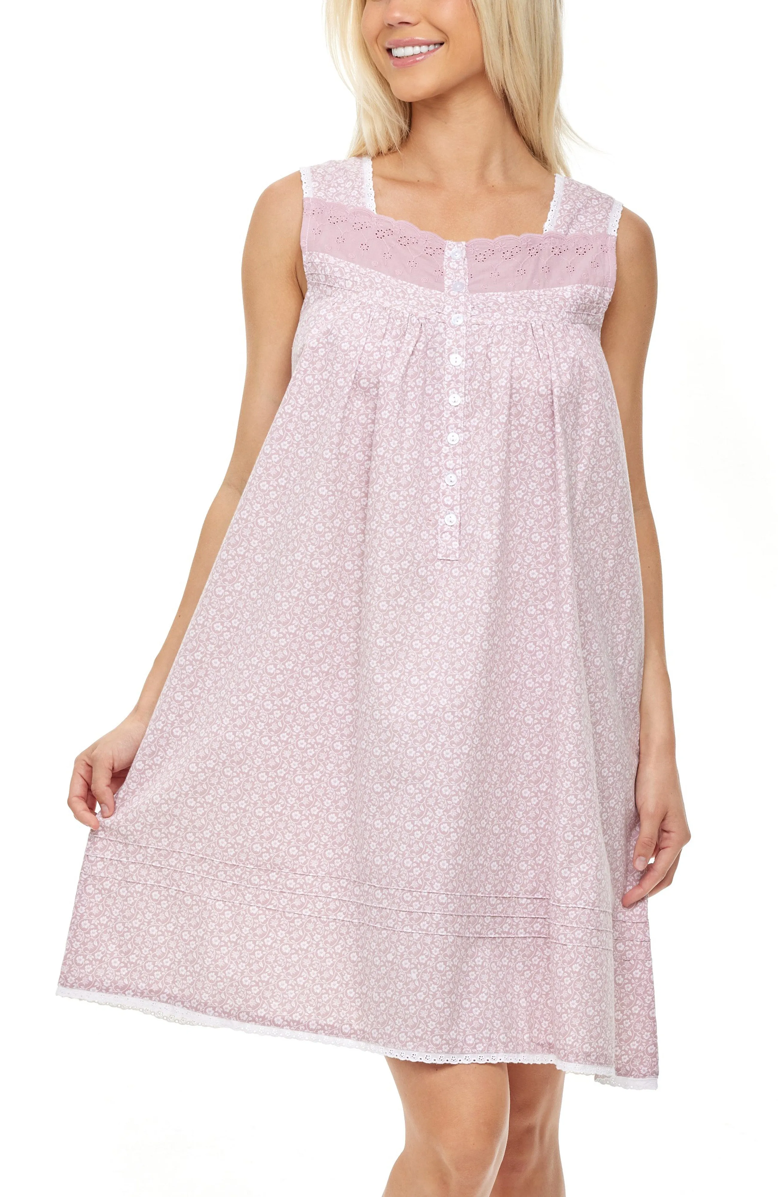 Women's Cotton Victorian Nightgown, Hannah Sleeveless Lace Trimmed Button Up Short Night Dress