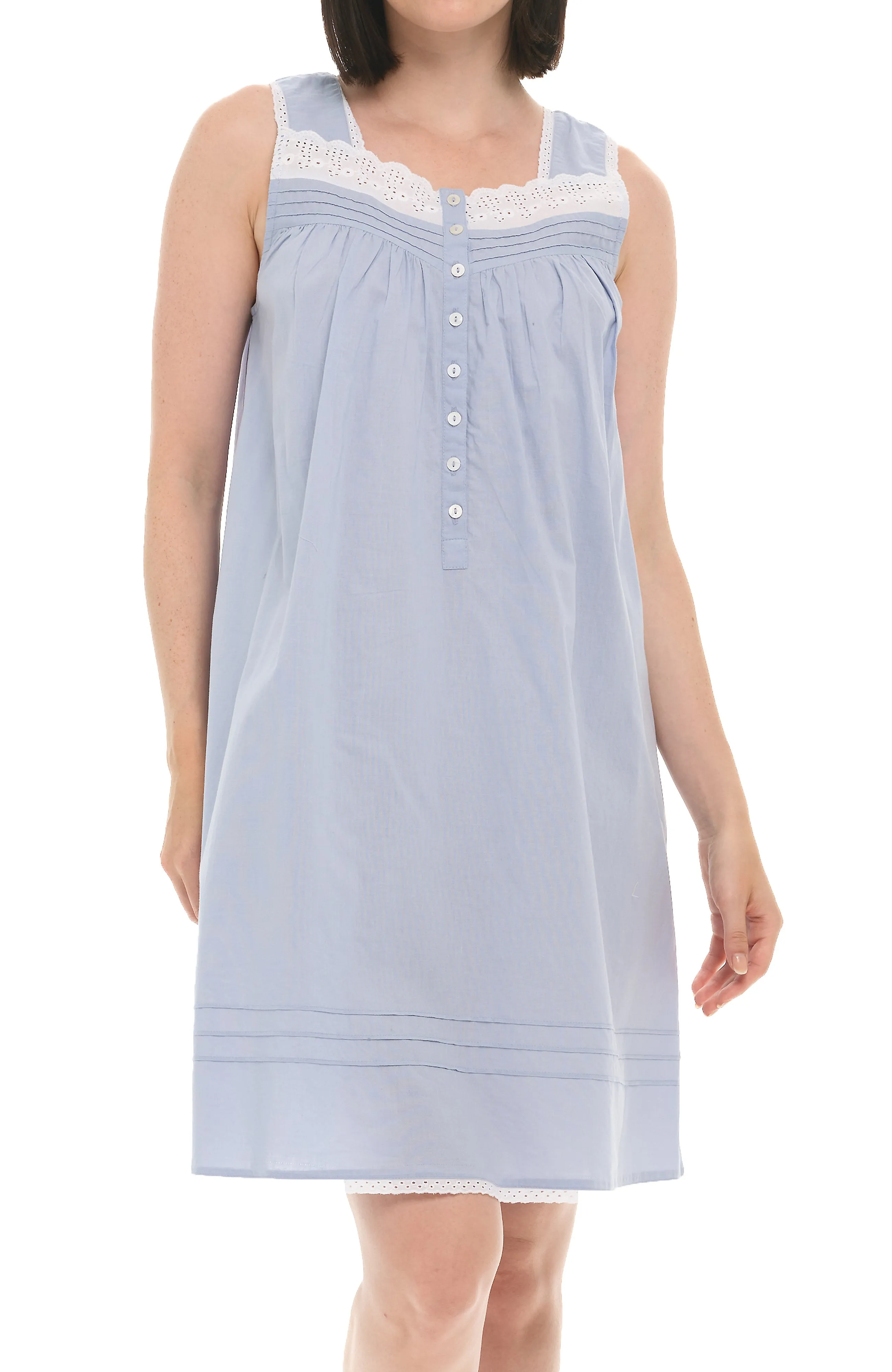 Women's Cotton Victorian Nightgown, Hannah Sleeveless Lace Trimmed Button Up Short Night Dress