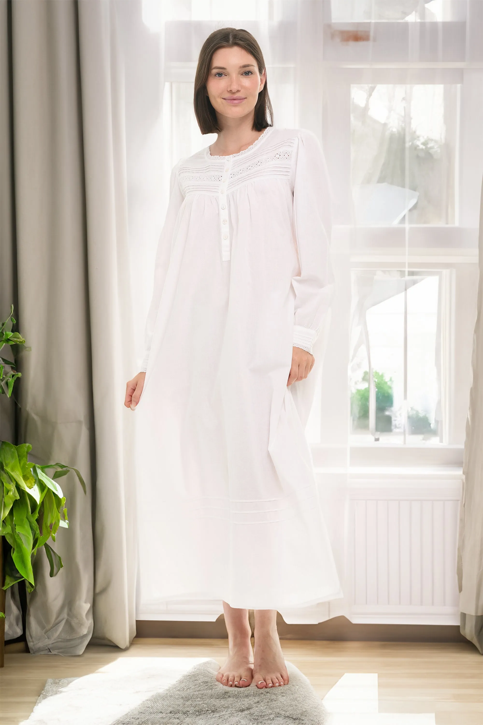 Women's Cotton Victorian Nightgown with Pockets, Emily Long Sleeve Lace Trimmed Button Up Long Night Dress