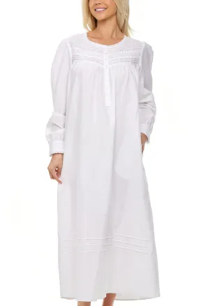 Women's Cotton Victorian Nightgown with Pockets, Emily Long Sleeve Lace Trimmed Button Up Long Night Dress