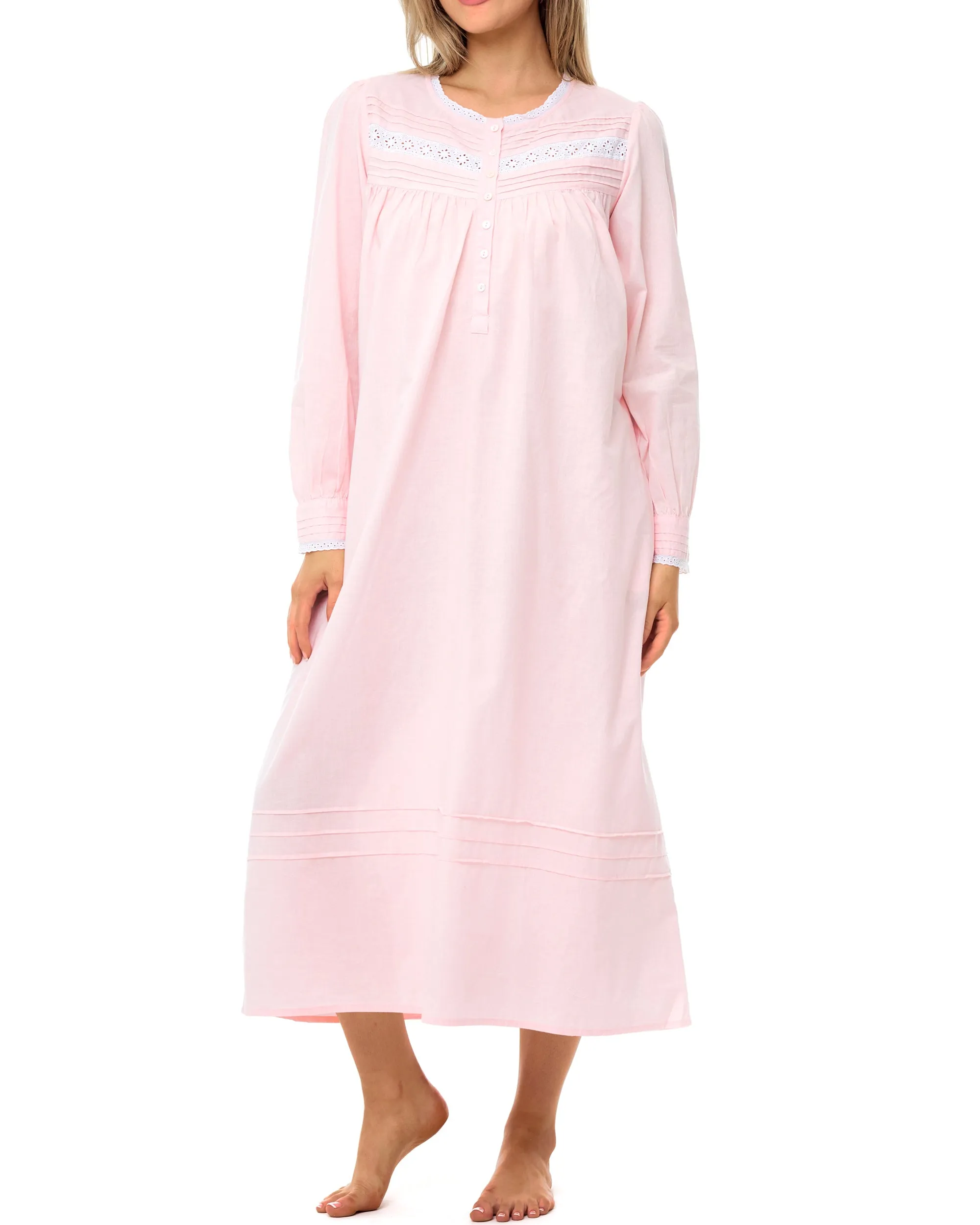 Women's Cotton Victorian Nightgown with Pockets, Emily Long Sleeve Lace Trimmed Button Up Long Night Dress