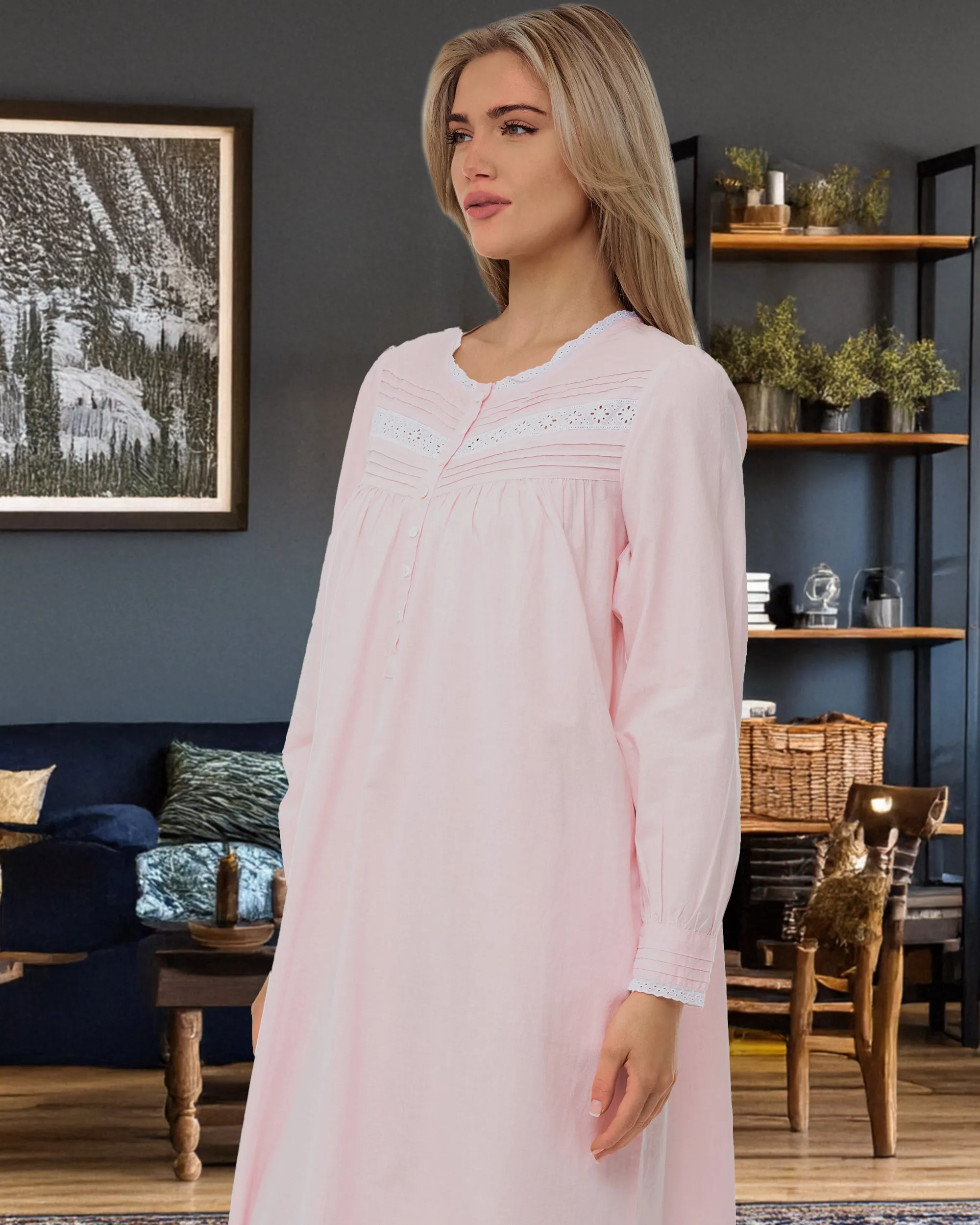 Women's Cotton Victorian Nightgown with Pockets, Emily Long Sleeve Lace Trimmed Button Up Long Night Dress