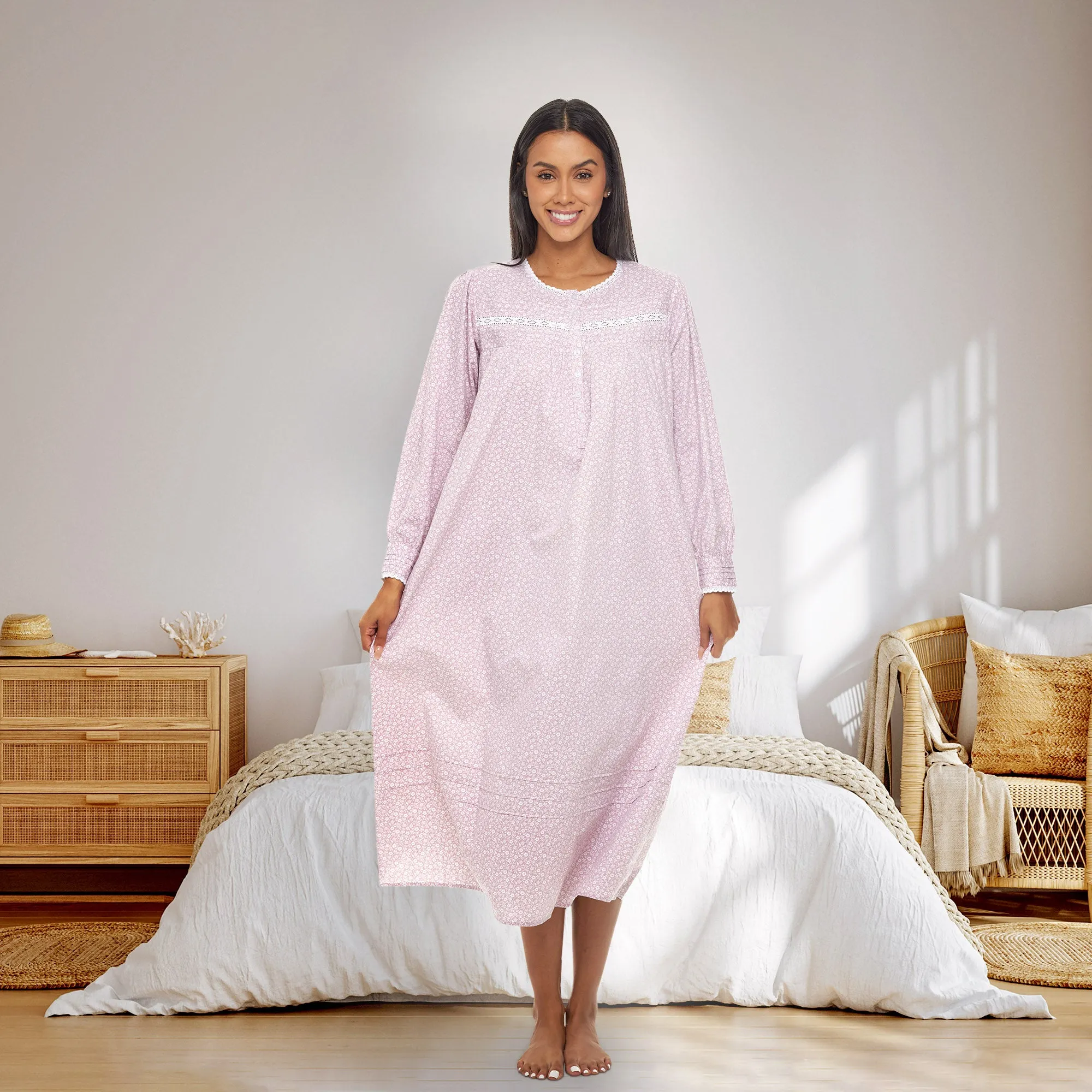 Women's Cotton Victorian Nightgown with Pockets, Emily Long Sleeve Lace Trimmed Button Up Long Night Dress