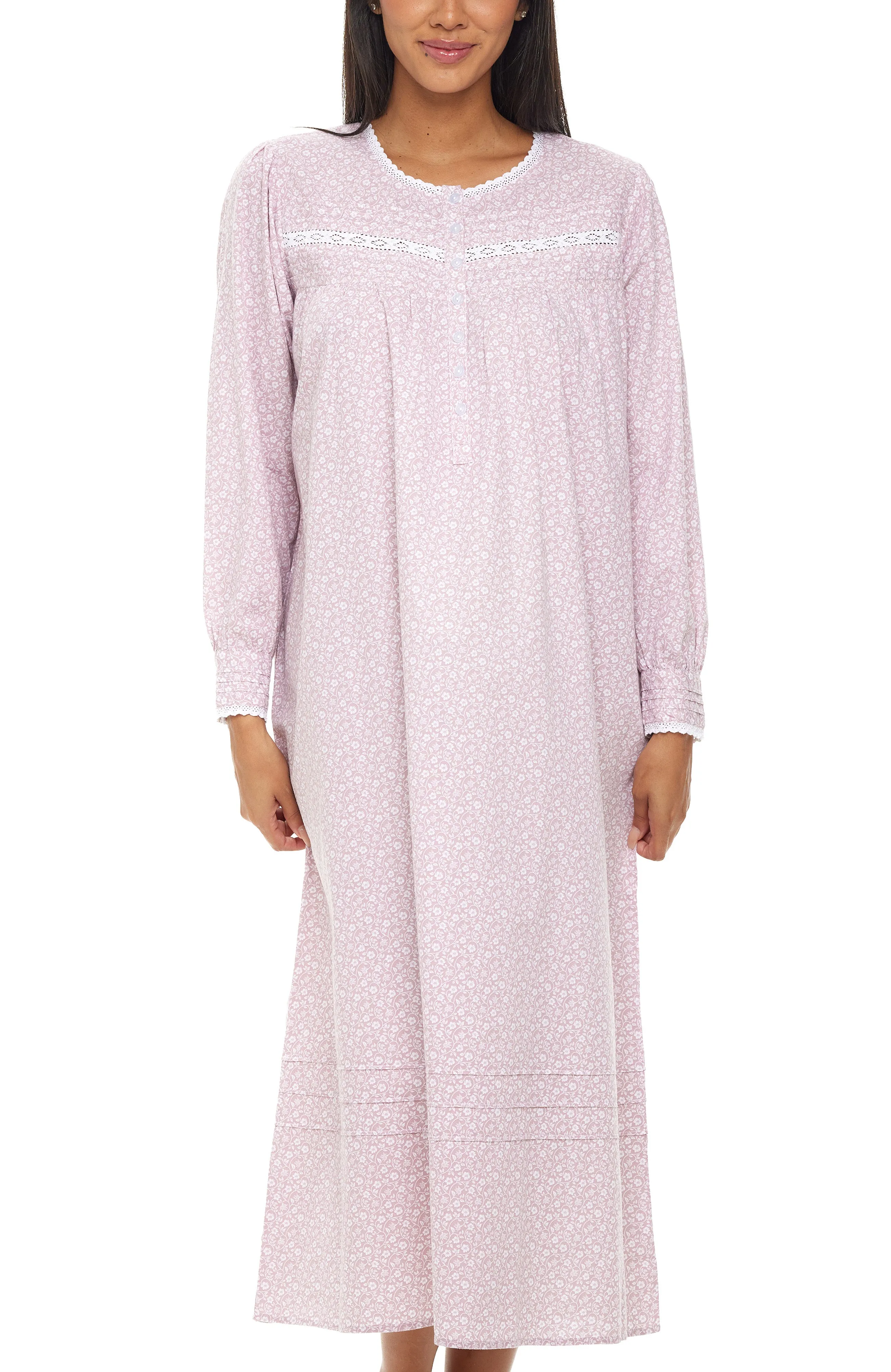 Women's Cotton Victorian Nightgown with Pockets, Emily Long Sleeve Lace Trimmed Button Up Long Night Dress