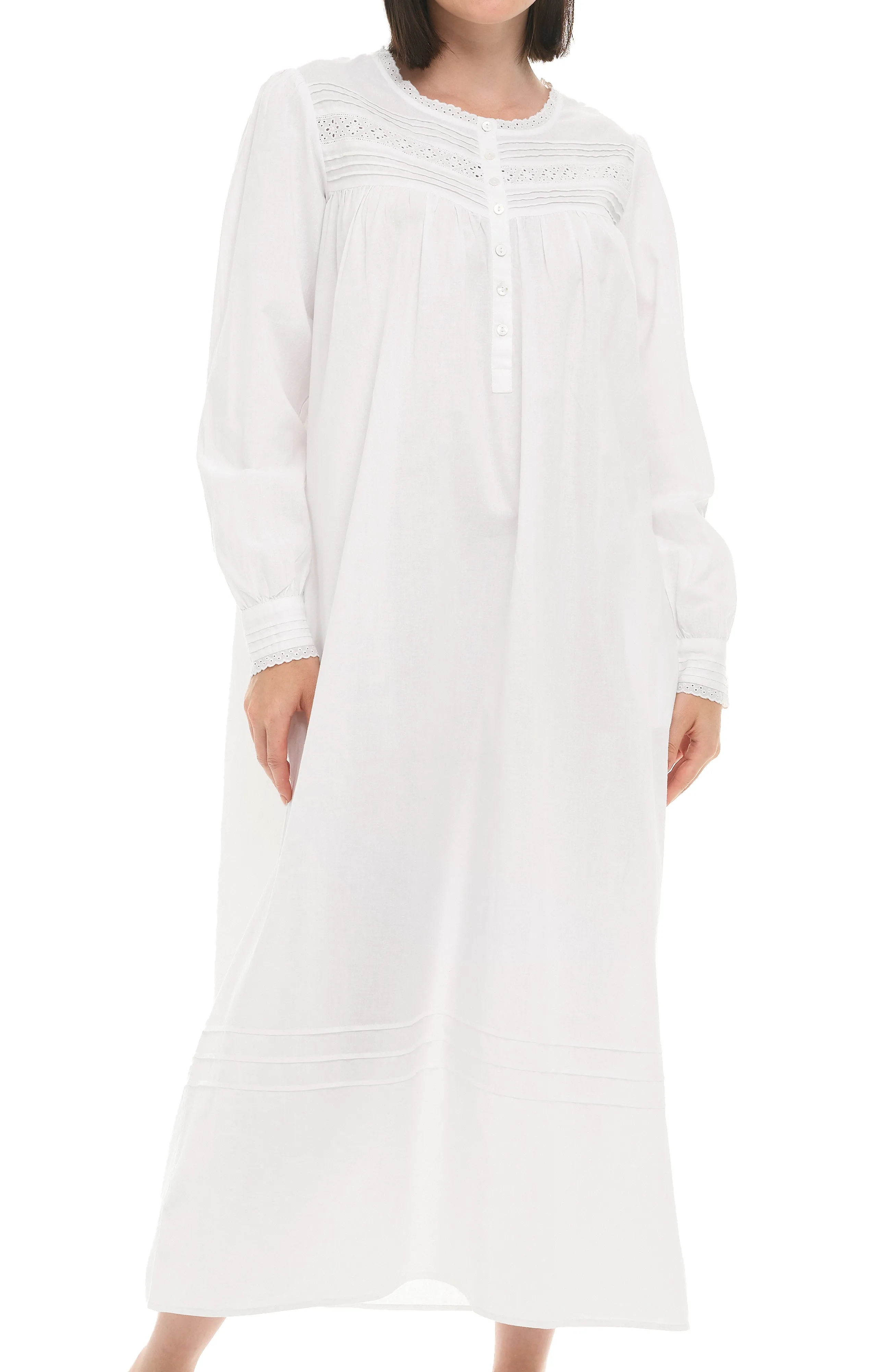 Women's Cotton Victorian Nightgown with Pockets, Emily Long Sleeve Lace Trimmed Button Up Long Night Dress