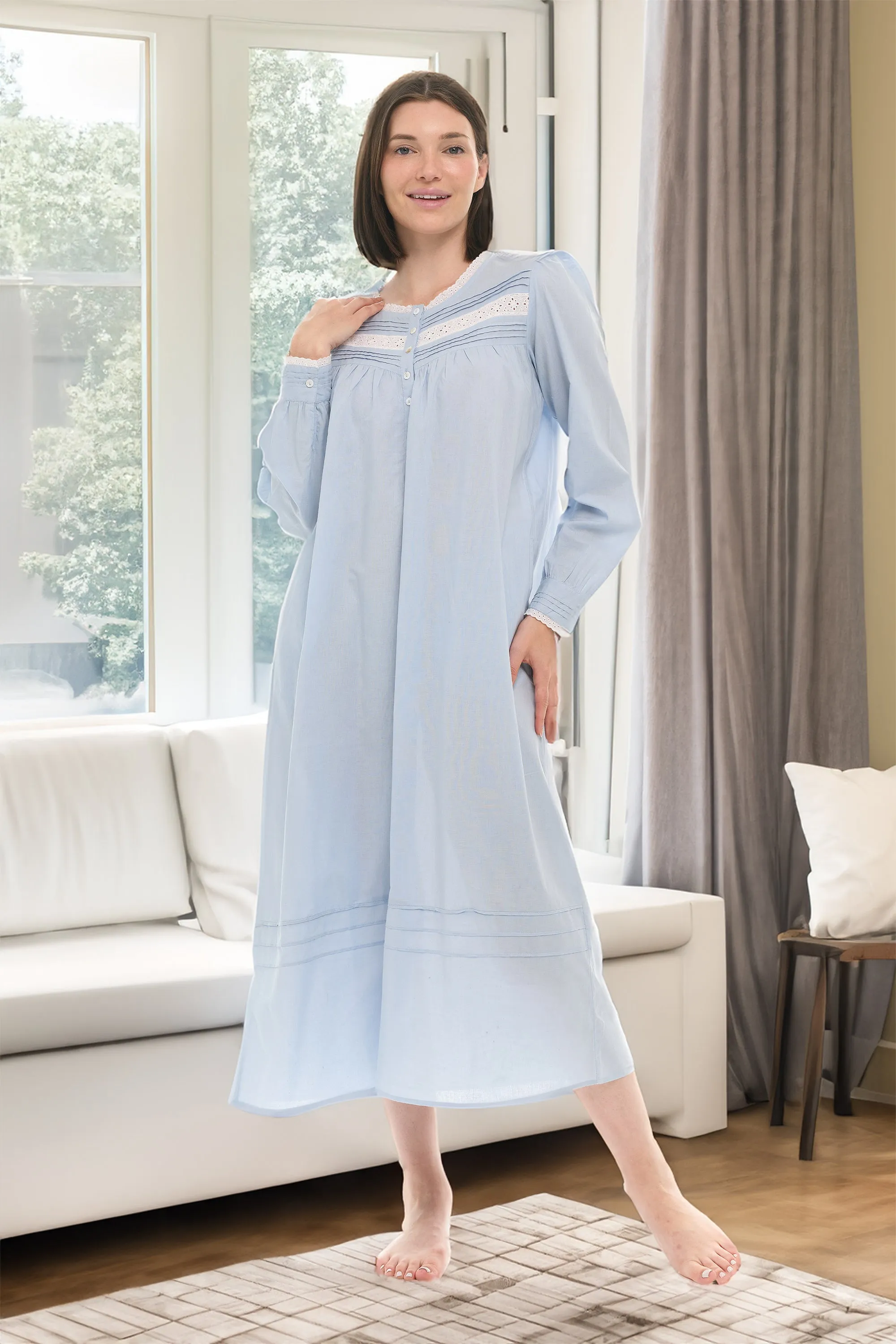 Women's Cotton Victorian Nightgown with Pockets, Emily Long Sleeve Lace Trimmed Button Up Long Night Dress