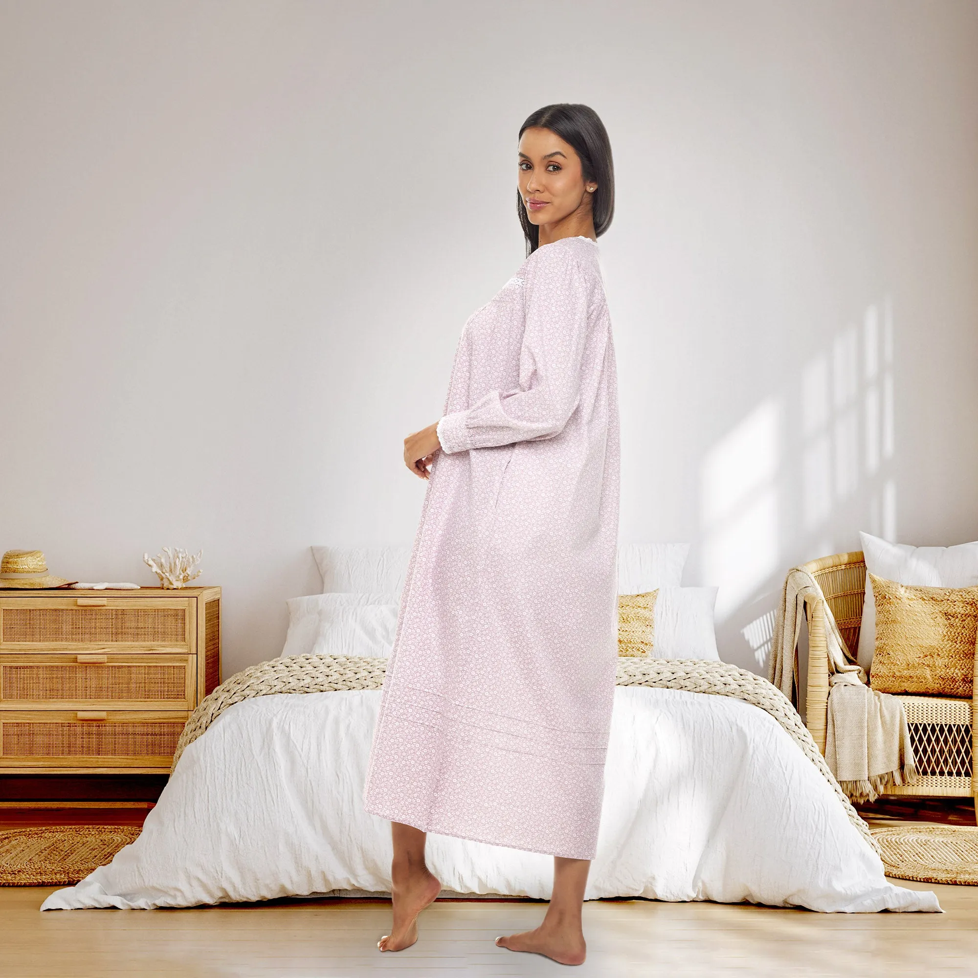 Women's Cotton Victorian Nightgown with Pockets, Emily Long Sleeve Lace Trimmed Button Up Long Night Dress