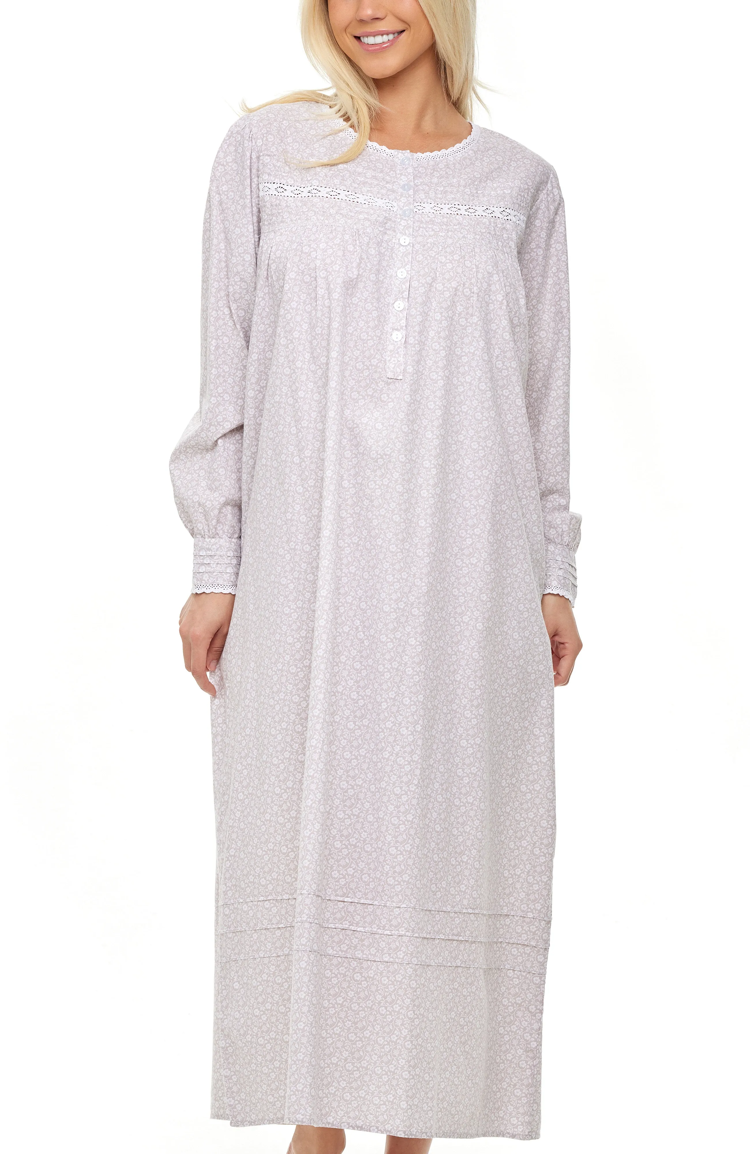 Women's Cotton Victorian Nightgown with Pockets, Emily Long Sleeve Lace Trimmed Button Up Long Night Dress