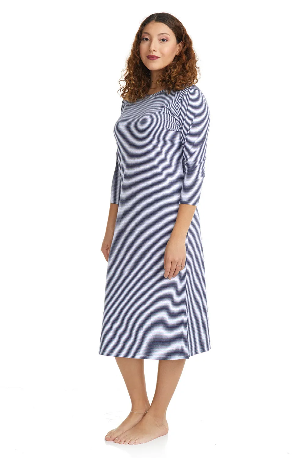 Womens Nightgown - Soft, and Comfortable, Cotton Spandex Pajamas - BLUE STRIPES - RO122